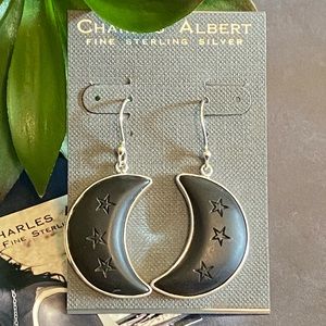 Charles Albert Fine Silver Onyx Moon Stars Earrings